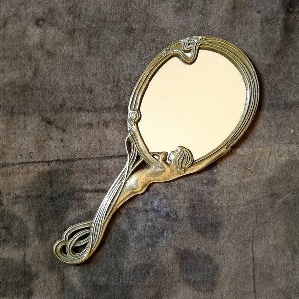 Art nouveau hand mirror French hand mirror Brass vanity mirror
