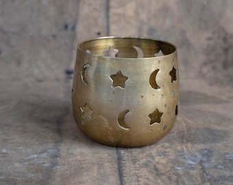 Brass tealight holder Celestial tea light holder Stars and moon cut outs metal candle holder