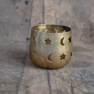 Brass tealight holder Celestial tea light holder Stars and moon cut outs metal candle holder