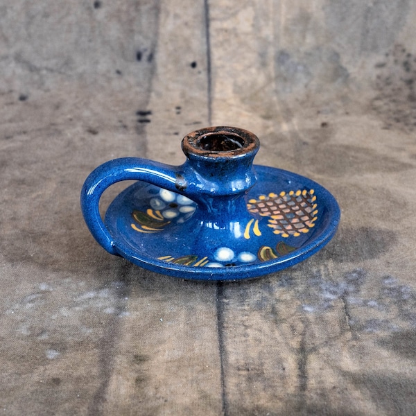Vintage blue candle holder with handle - Ceramic chamberstick - Hand painted candlestick - Rustic home decor