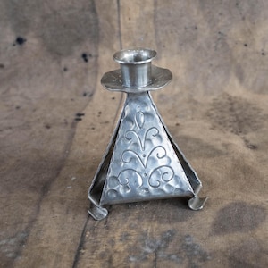 Scandinavian pewter candle holder Vintage handcrafted silver tone candlestick Rustic home decor Norwegian art Housewarming retro gift