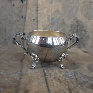 Silver offering bowl Vintage witches pot Small footed cauldron with ornate handles