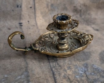 Chamber candlestick holder Art nouveau candle holder with handle Vintage brass flower