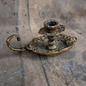 Chamber candlestick holder Art nouveau candle holder with handle Vintage brass flower
