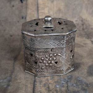 Silver metal trinket box with lid Antique filigree jewelry storage casket Floral Incense burner Boho room decor Spiritual witchy gift