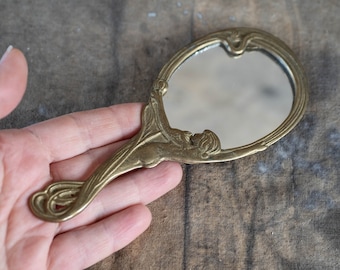 Small hand mirror Vintage gold handheld mirror Vanity makeup decor