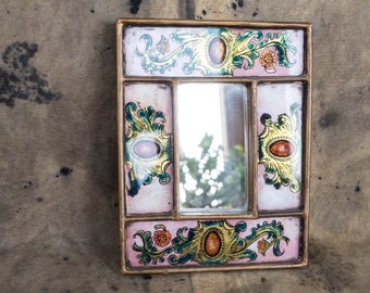 Vintage accent wall mirror Small decorative peruvian mirror Hand painted mirror