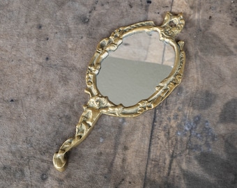 Baroque hand mirror with handle - Brass handheld mirror - Antique vanity decor