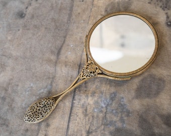 Double sided mirror Antique brass hand mirror with handle Gold hand held mirror Victorian ornate mirror