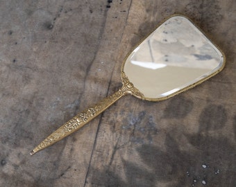 miroir à main en laiton vintage avec poignée Miroir à main en or Miroir orné victorien