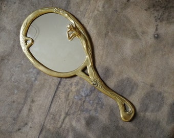 Art nouveau hand held mirror with handle dressing table decor