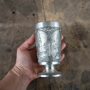 Ornate pewter goblet on stem - Silver tone embossed altar chalice - Medieval wedding cup