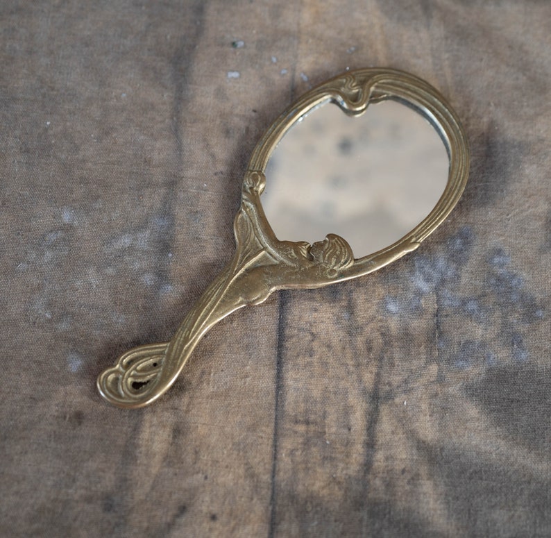 Art nouveau hand mirror with handle Small hand mirror Vintage gold handheld mirror Vanity makeup decor