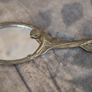 Art nouveau hand mirror with handle Small hand mirror Vintage gold handheld mirror Vanity makeup decor