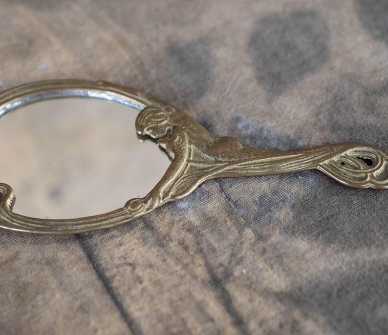 Art nouveau hand mirror with handle Small hand mirror Vintage gold handheld mirror Vanity makeup decor