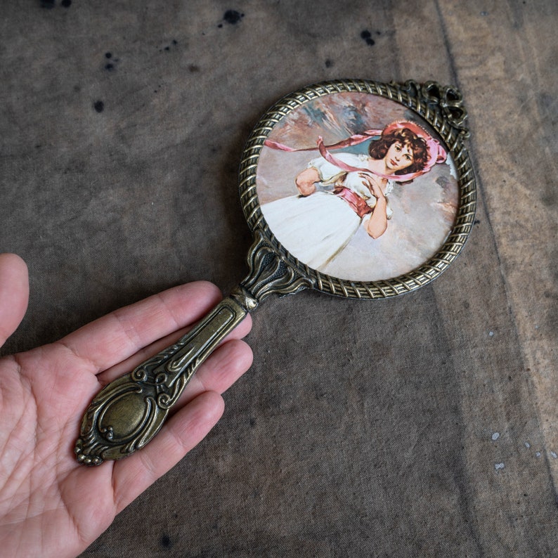 Vintage Brass Hand Mirror With Handle Gold Hand Held Mirror Etsy