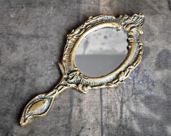 Victorian hand mirror with handle Ornate handheld mirror Antique brass vanity decor