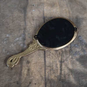 Art nouveau hand mirror with handle Small hand mirror Vintage gold handheld mirror Vanity makeup decor