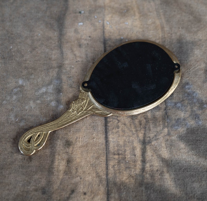 Art nouveau hand mirror with handle Small hand mirror Vintage gold handheld mirror Vanity makeup decor