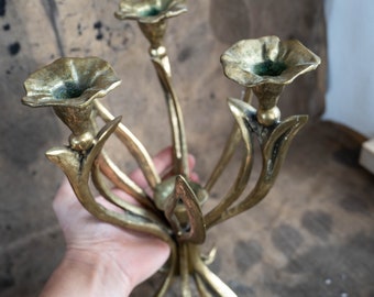 Brass candlelabra - Vintage floral 4 flames candle holder - Bronze candlestick - Boho candleholder