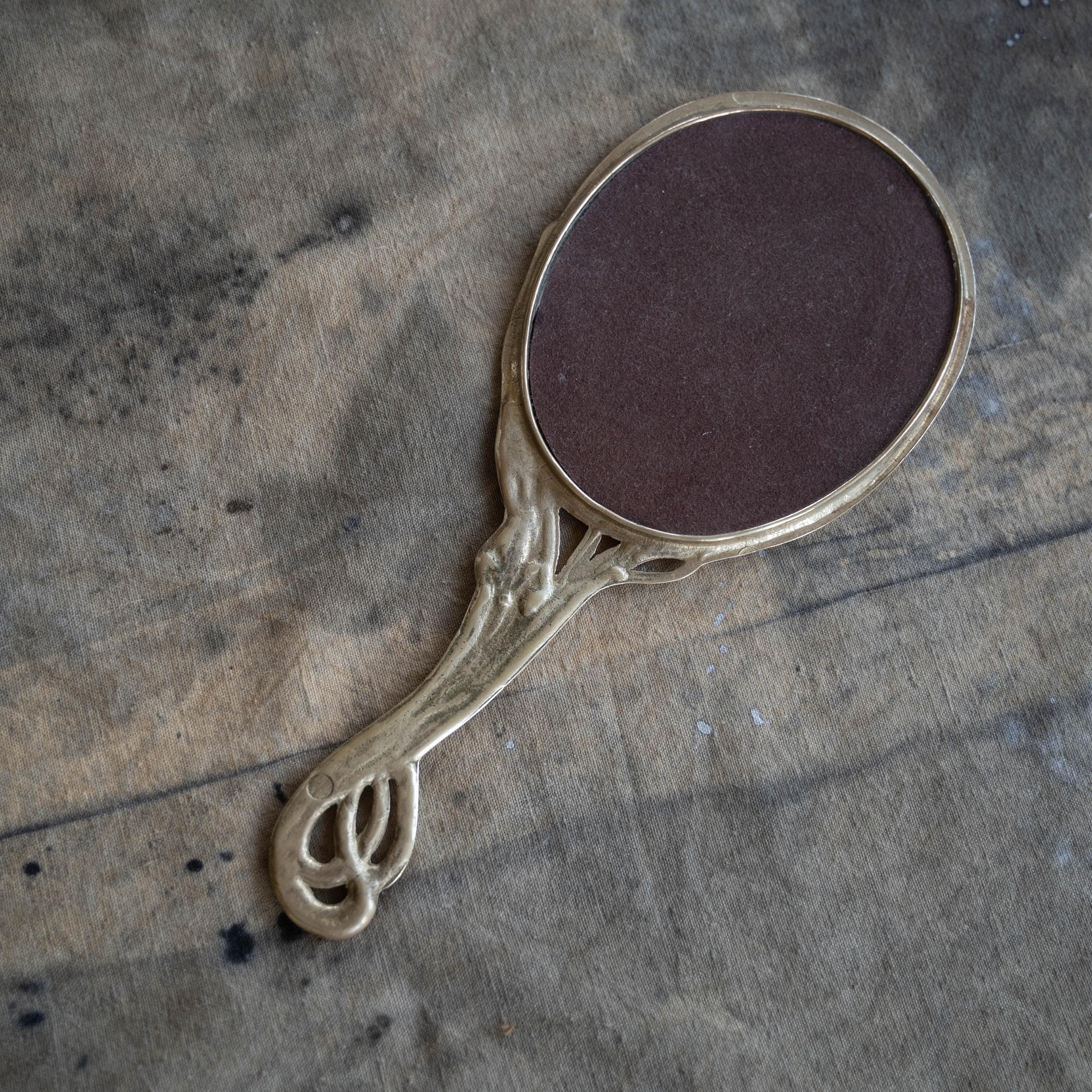 Art Nouveau Brass Hand Mirror, French Vanity Mirror With Floral
