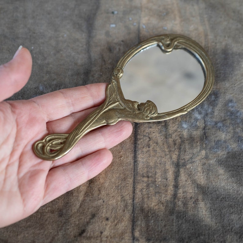 Small hand mirror Vintage gold handheld mirror Vanity makeup decor image 1