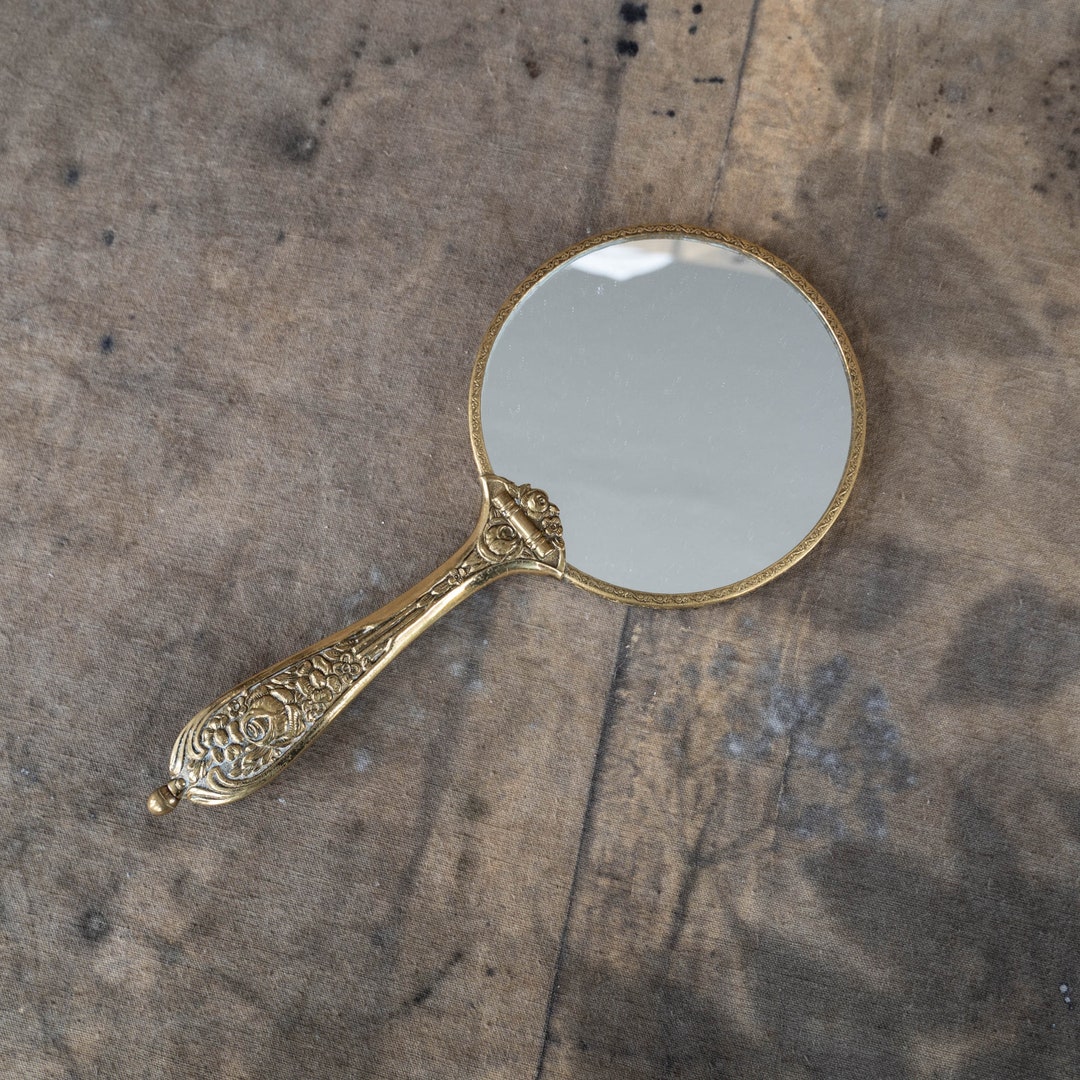 Vintage Brass Hand Mirror With Handle Gold Hand Held Mirror Etsy