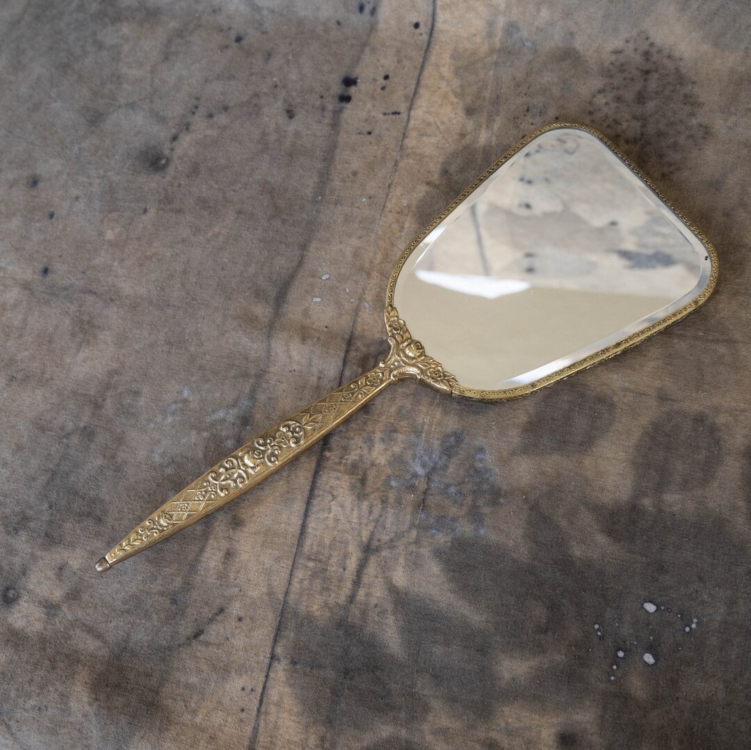 Vintage Brass Hand Mirror With Handle Gold Hand Held Mirror Etsy