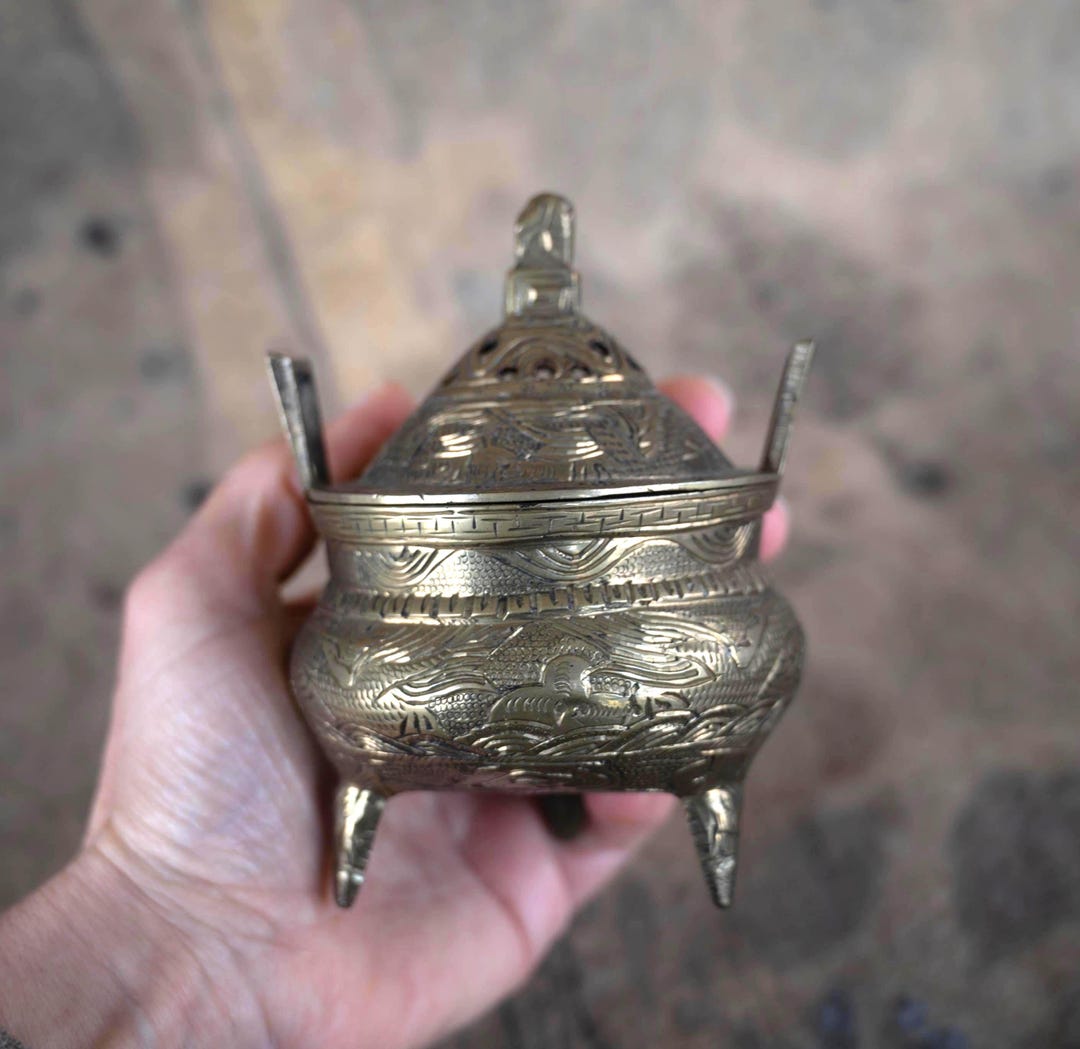 Incensor Vintage Incense Censer With Handles - Gold Tone Metal Resin Charcoal ...