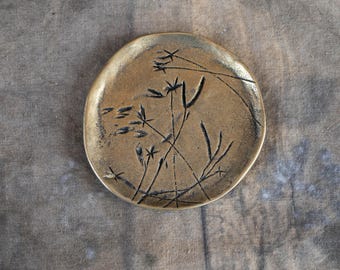 Altar offering plate - Vintage brass trinket dish - Pillar candle plate holder - Botanical decor