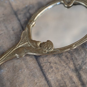 Art nouveau hand mirror with handle Small hand mirror Vintage gold handheld mirror Vanity makeup decor