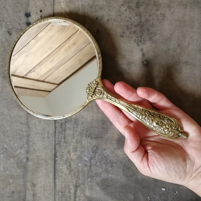 Vintage Brass Hand Mirror With Handle Gold Hand Held Mirror Etsy