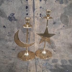 PAIR Celestial candlesticks Brass candle holder with moon and stars motif Vintage altar candleholder