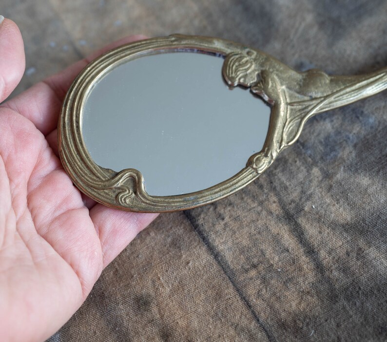 Small hand mirror Vintage gold handheld mirror Vanity makeup decor image 9