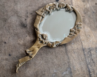 Celestial mirror Gold vintage hand mirror Art nouveau mirror Brass vanity handheld mirror