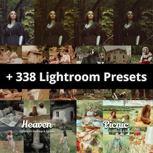 Peut inclure: Un collage d'images sépia, avec une femme en robe sombre, des couples et des scènes en extérieur. Le texte "+ 338 Lightroom Presets" est affiché sur une bannière noire. Les textes "Heaven" et "Picnic" sont également présents.