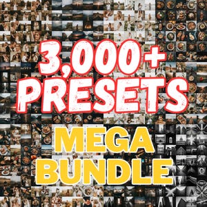 May include: A collage of images featuring a variety of photographs, including wedding scenes, landscapes, and food. Bold red text reads "3,000+ PRESETS" with a yellow "MEGA BUNDLE" below. The images are arranged in a grid.