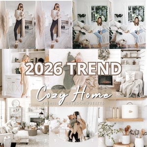 May include: A collage of images with a 'Cozy Home' theme, featuring the text '2026 TREND'. The images show a woman in a long cardigan, a baby in a swaddle, and various interior design scenes, promoting a comfortable lifestyle.