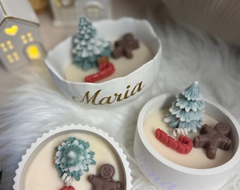 Vegan Christmas candle made from soy wax in a hand-poured ceramic bowl | 6×11 cm | low soot, cruelty-free | customizable upon request
