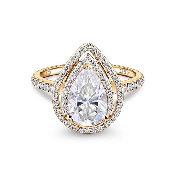 Bague de fiançailles demi-éternité en moissanite 3 carats taille poire double halo en or 10 carats