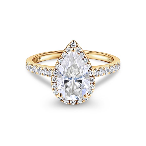 Bague de fiançailles Halo demi-éternité taille poire 3CT Moissanite en or 10 carats