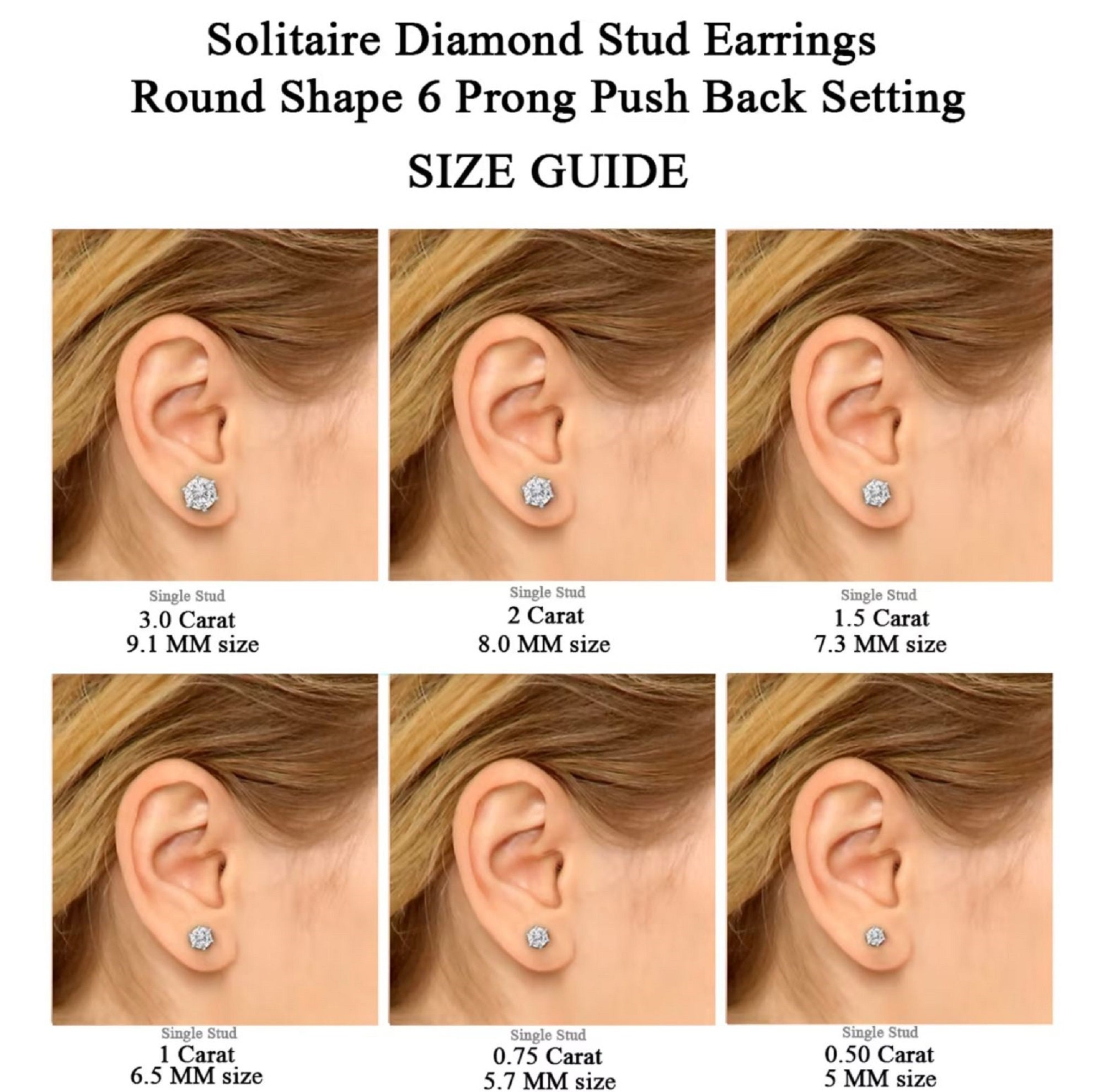 6-prongs Solitaire Push Back Studs Earrings 0.5ct-6ct 3mm