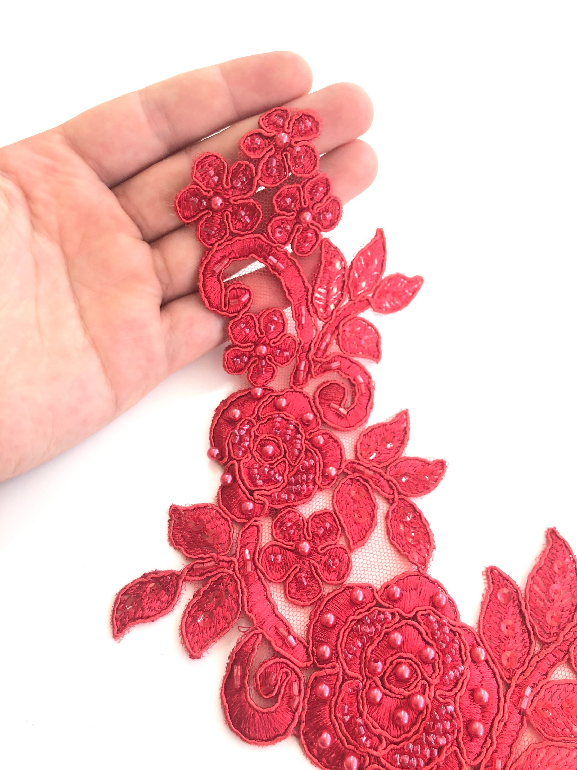 Red Lace Applique. Red Applique Red Beaded Applique with Etsy