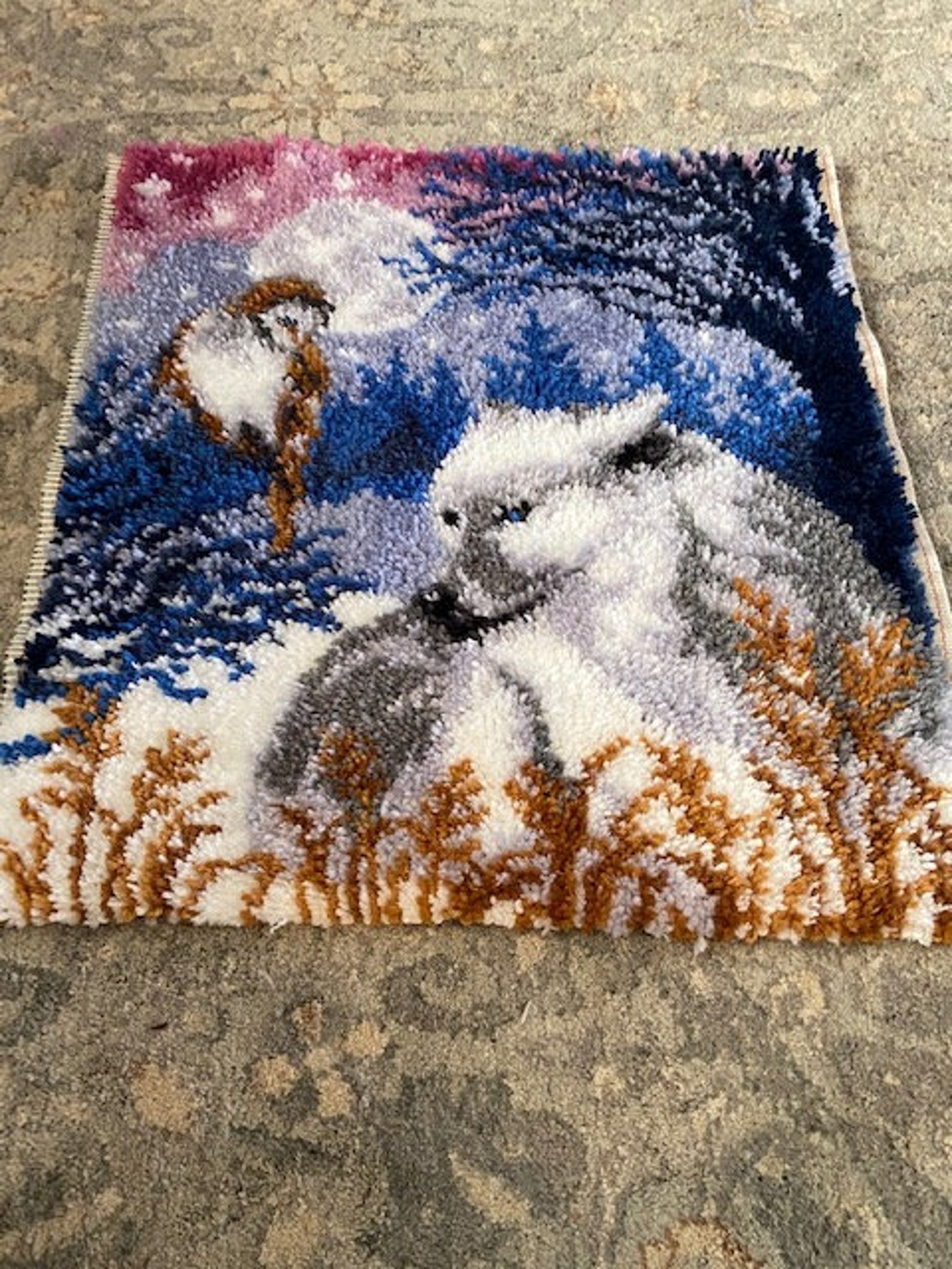 HandMade completed Latch Hook Snow Wolf and Owl rug or wall Etsy
