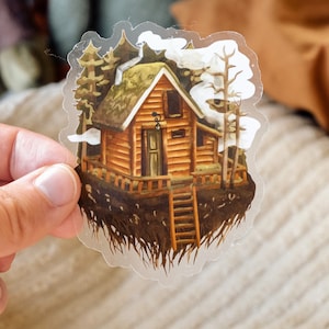 Sticker hut in het bos | Geheim bos | Vinyl, transparant, mat | Herfst herfst Griezelig huisje gezellig | Laptop, thermoskan, dagboek bijhouden