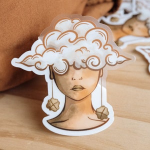 Cabeça chuvosa nas nuvens adesivos de &lt;br&gt; Entrega Rápida? Vinil, transparente, fosco | Outono Outono Chuva Menina Nuvem Cottage Core Boho | Laptop, garrafa térmica, registro no diário