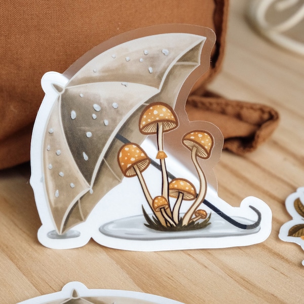 Rainy Mushroom Umbrella Sticker | Vinyl, Clear, Matte | Autumn Fall Rain Mushroom Nature Cottage Core Boho | Laptop, Thermos, Journaling