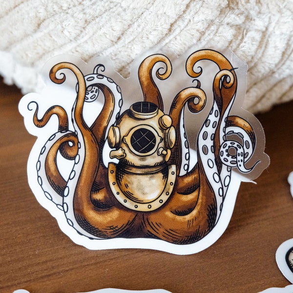 Octopus in Helmet Sticker | Sailor Collection | Vinyl, Clear, Matte | Engraving Woodcut Dark Nautical Medieval | Laptop, Thermos, Journaling