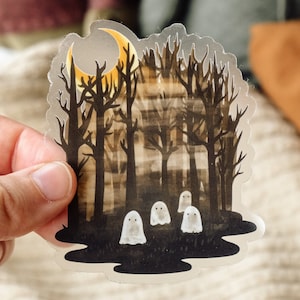 Sticker spoken in het bos | Geheim bos | Vinyl, transparant, mat | Herfst Herfst Griezelig Halloween Griezelige Maan | Laptop, thermoskan, dagboek bijhouden