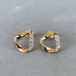 14k Gold Twisted Triangle With Cubic Zirconia Screw Back Earrings, Gold Twist Earrings, 14k Gold Twisted Earrings, Twisted Cz 14k Gold Studs